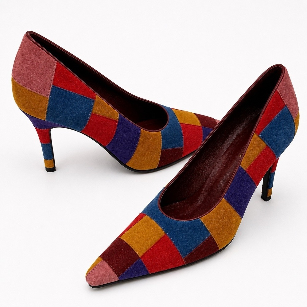 Vintage Patchwork Colorblock Suede Square Toe Statement Heels 7 Funky Art Wear